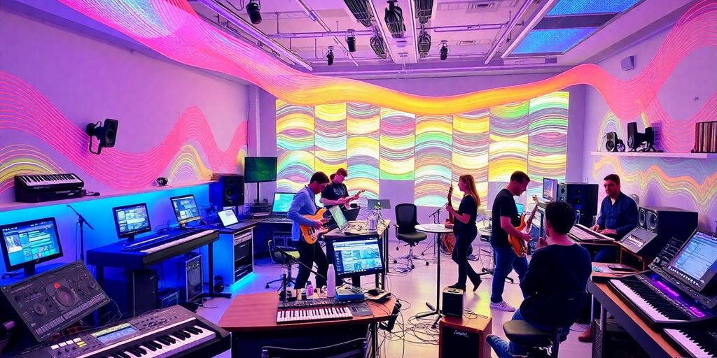 Colorful music laboratory with innovative instruments and musicians.