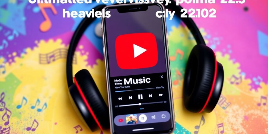 Smartphone with YouTube Music app and musical notes.