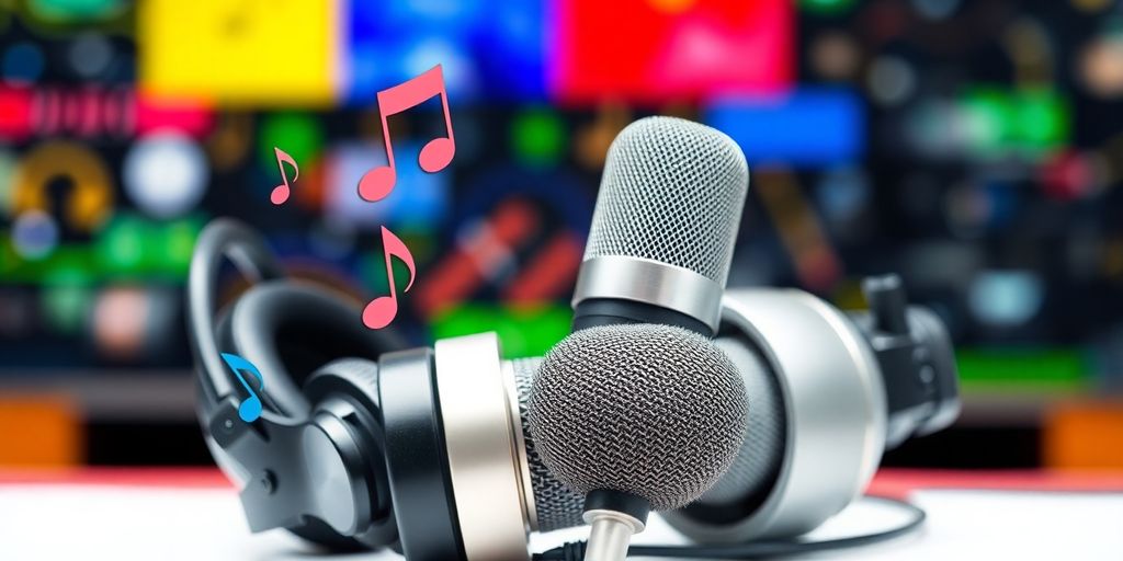 Musical elements combined with a microphone in a studio setting.