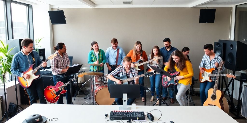 Diverse music professionals collaborating in a modern office setting.