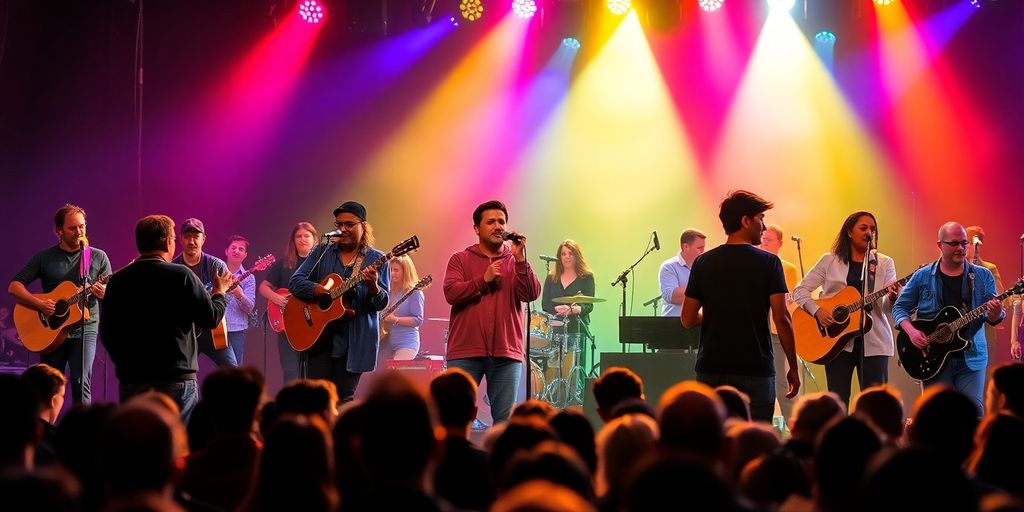 Diverse Christian musicians performing energetically on stage.