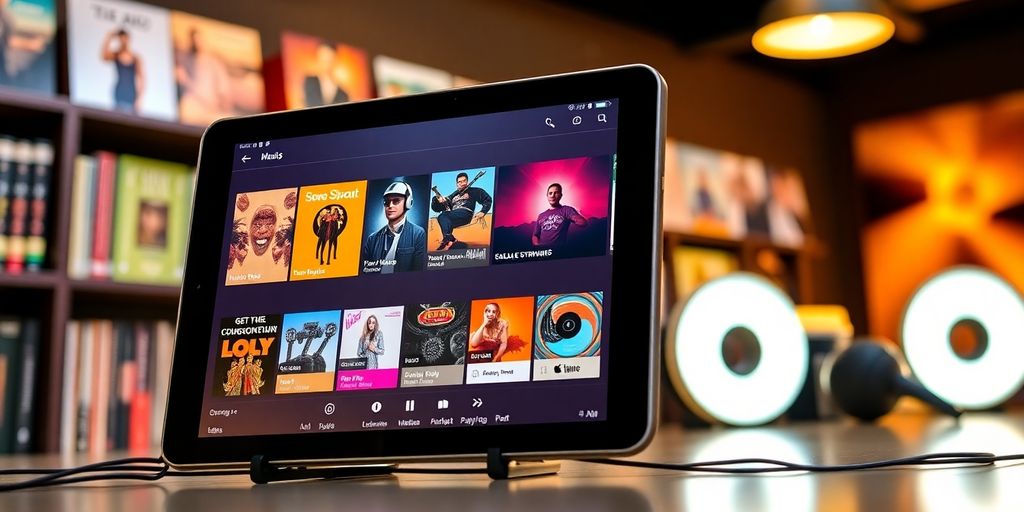 Colorful music library on a modern device with album covers.