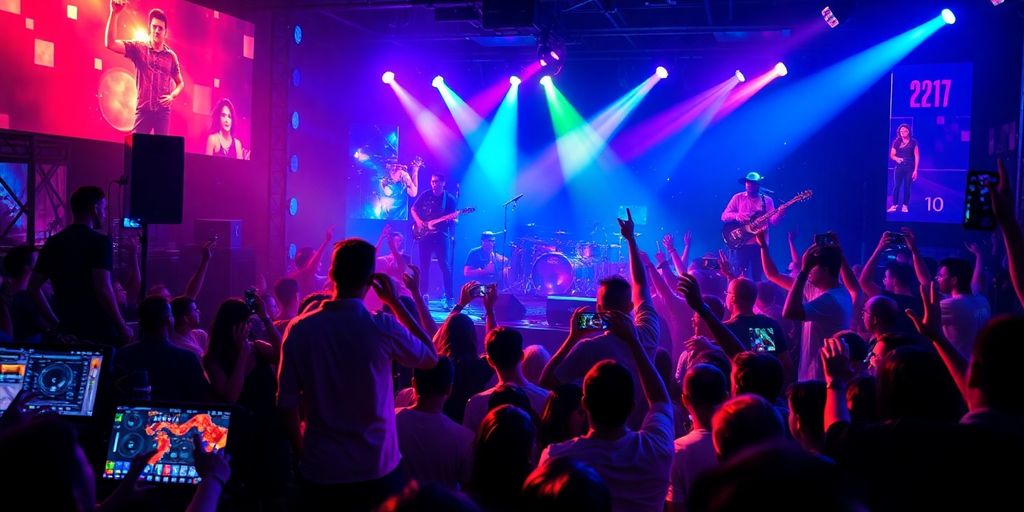 Artists performing live with colorful lights and energetic crowd.