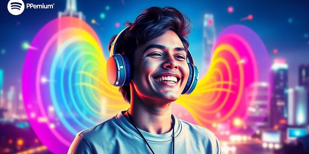 Person with headphones immersed in colorful sound waves.