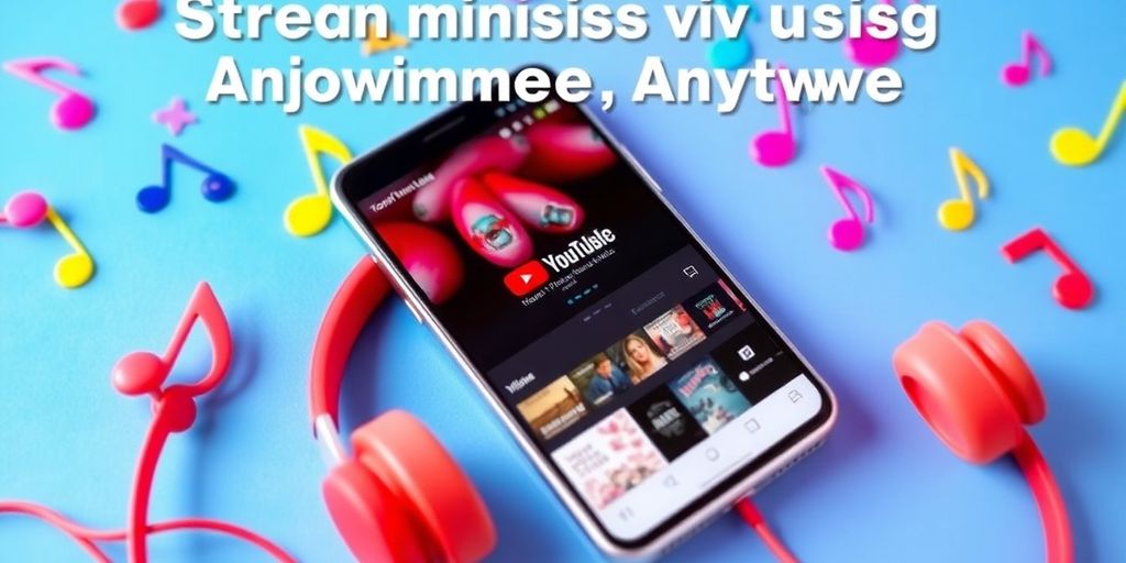Smartphone with YouTube Music app and colorful music notes.