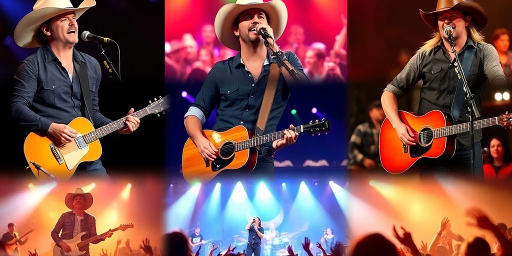 Collage of country music artists performing live on stage.