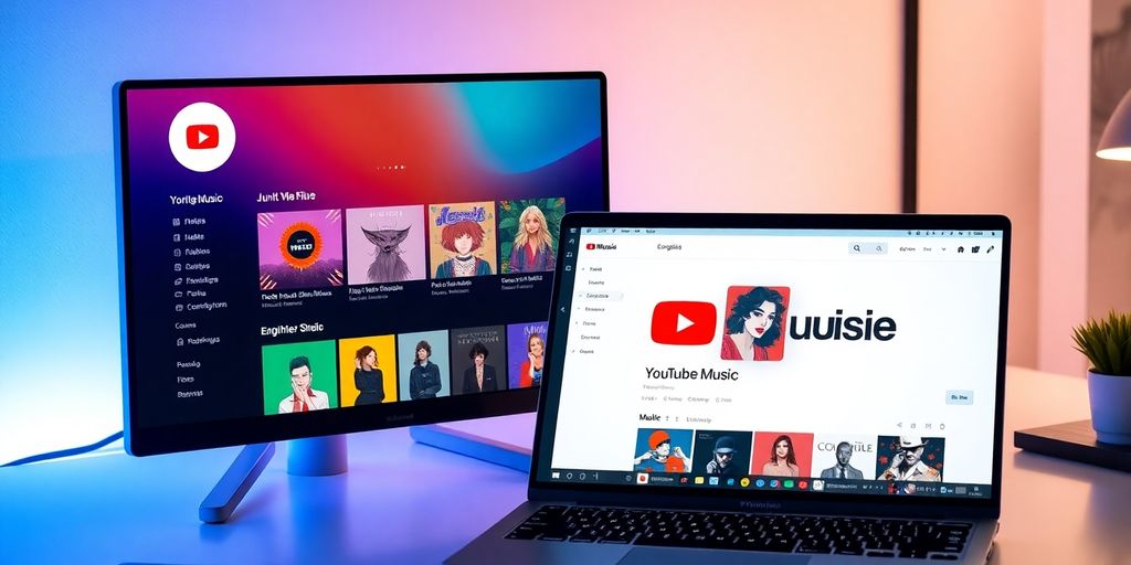 YouTube Music app on a laptop in a stylish workspace.