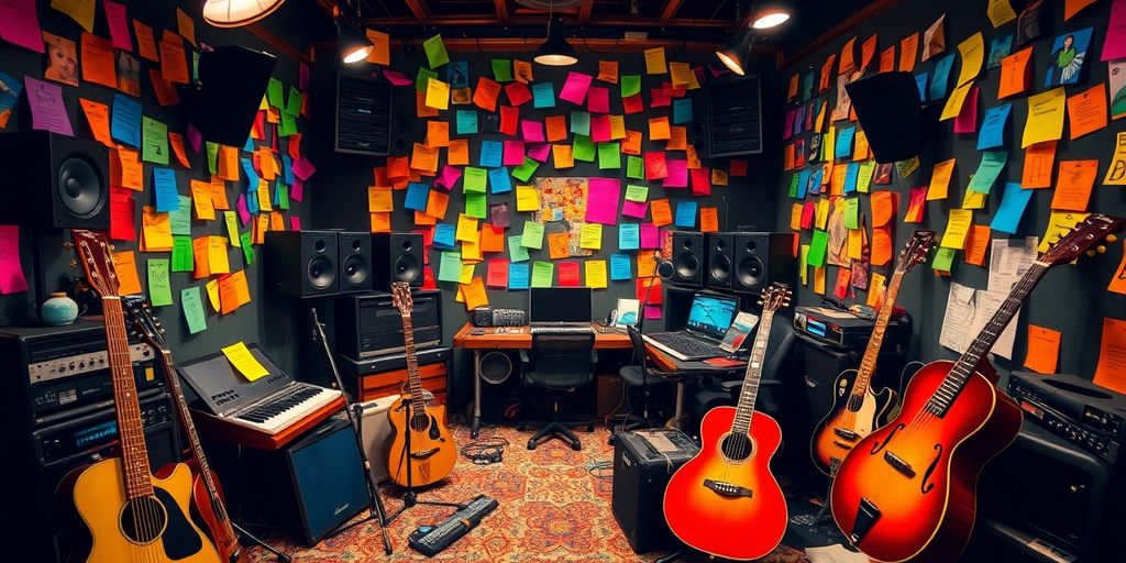 Music studio with instruments and colorful notes.
