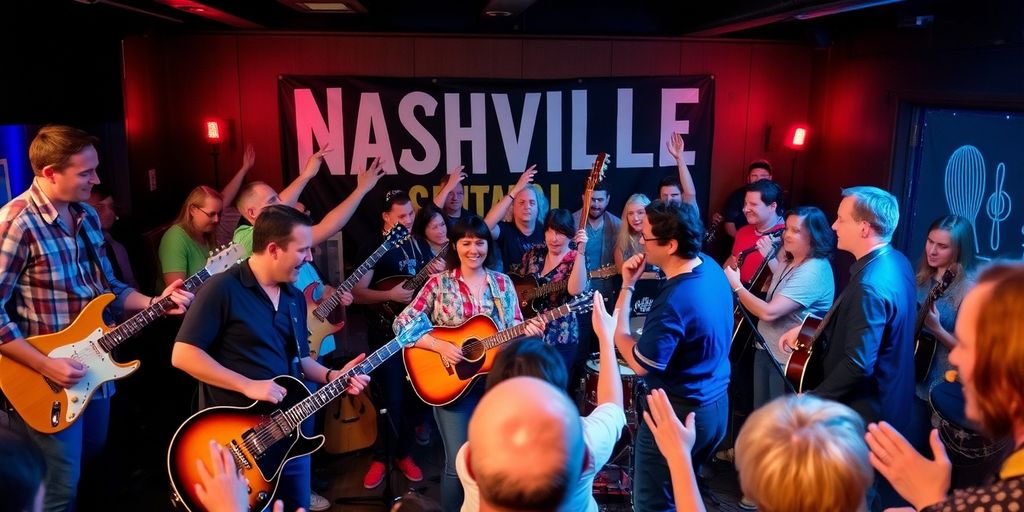Musicians performing live in a lively Nashville venue.