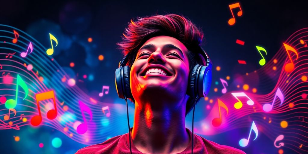 Person enjoying music with headphones and colorful sound waves.
