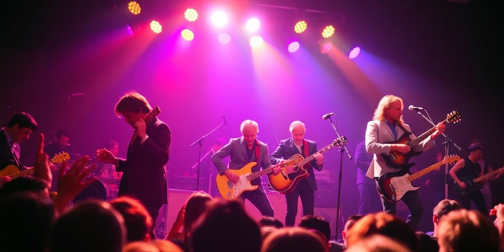 The Band performing live with energetic crowd and colorful lights.