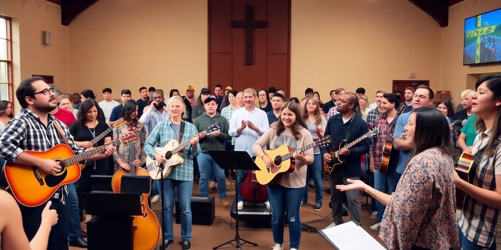 Musicians performing in a lively contemporary worship setting.