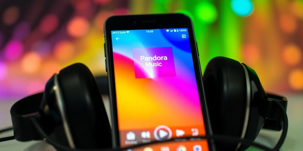Smartphone with Pandora Music app and headphones on a table.