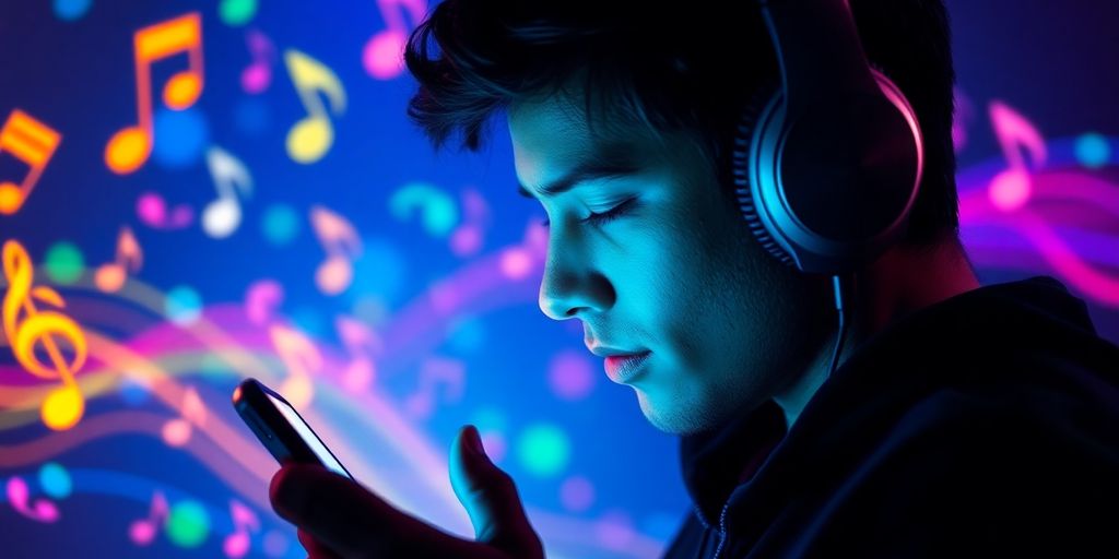 Person with headphones exploring music on a smartphone.