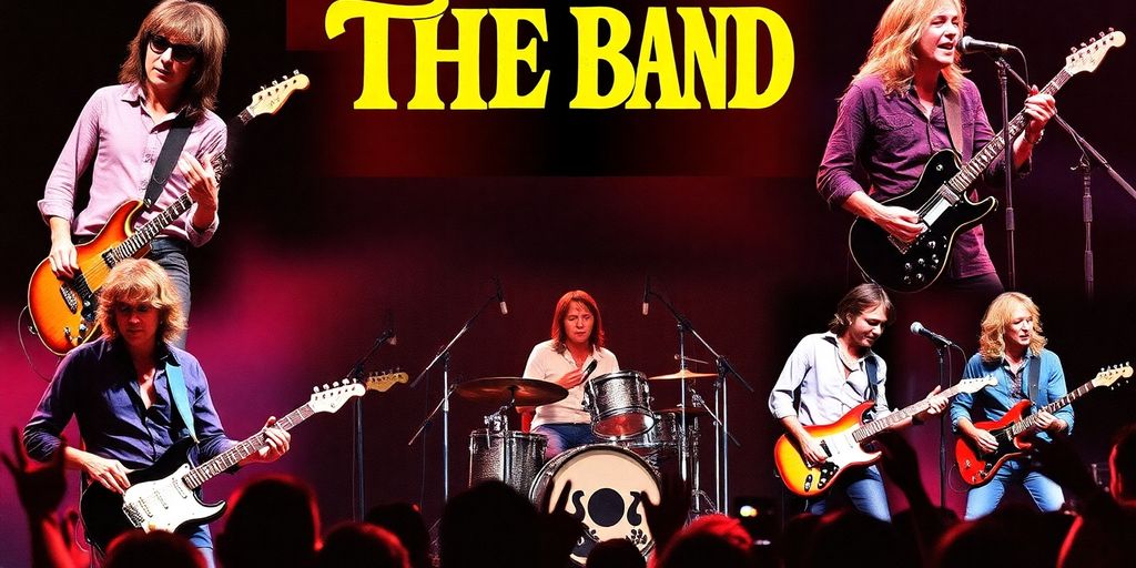 The Band performing live with instruments and enthusiastic fans.