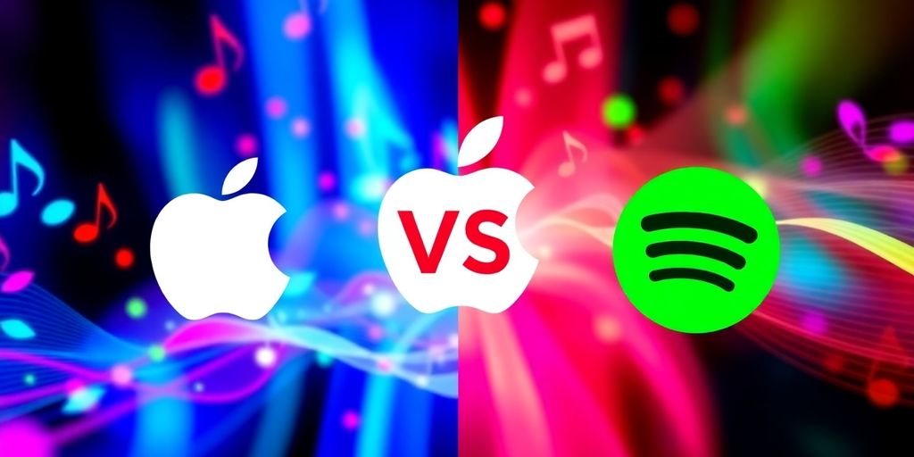Apple Music and Spotify logos with colorful music notes.