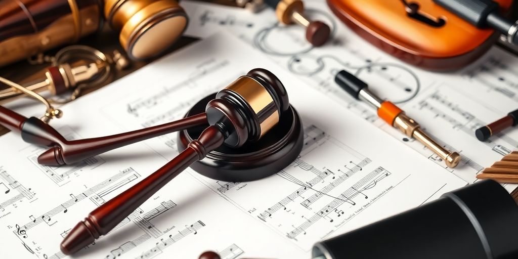 Gavel on legal documents with music notes and instruments.