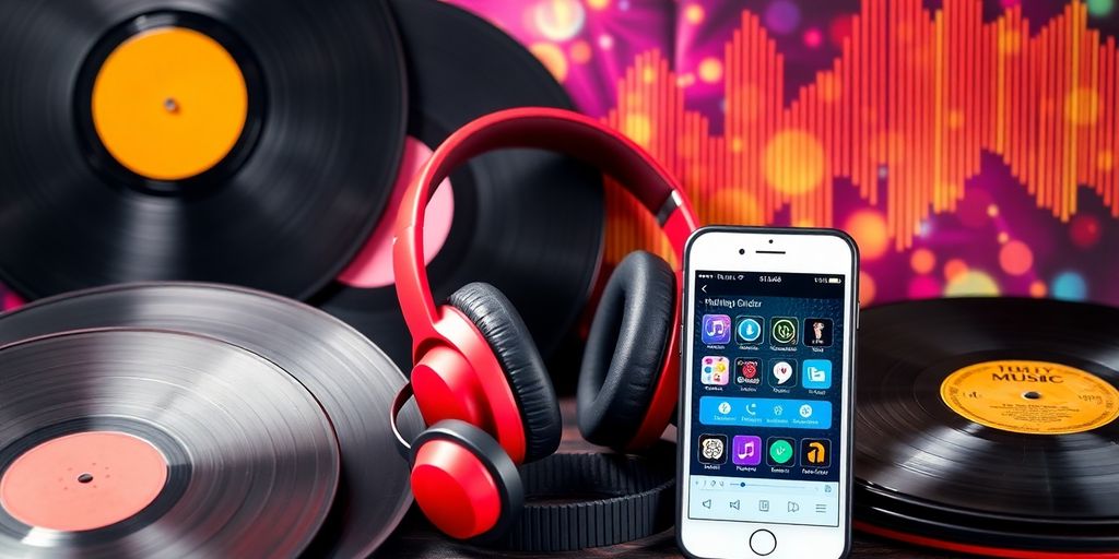 Colorful vinyl records and headphones on a vibrant background.