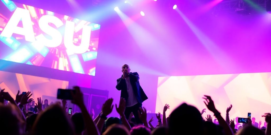 Timbaland performing on stage with a lively audience.