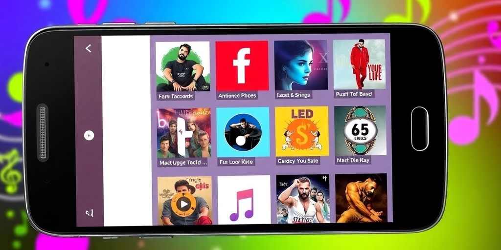 Smartphone with music apps and colorful album covers visible.