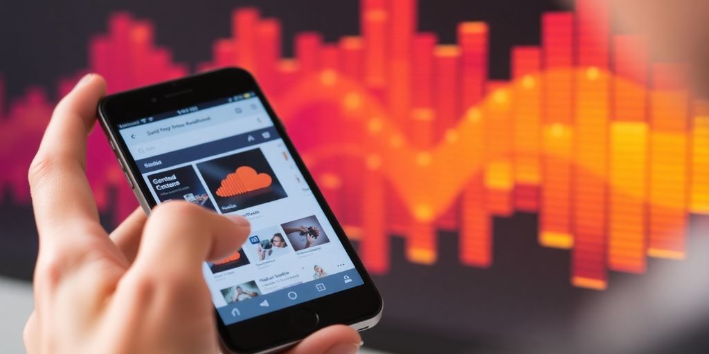 Person accessing SoundCloud on a smartphone with music waves.