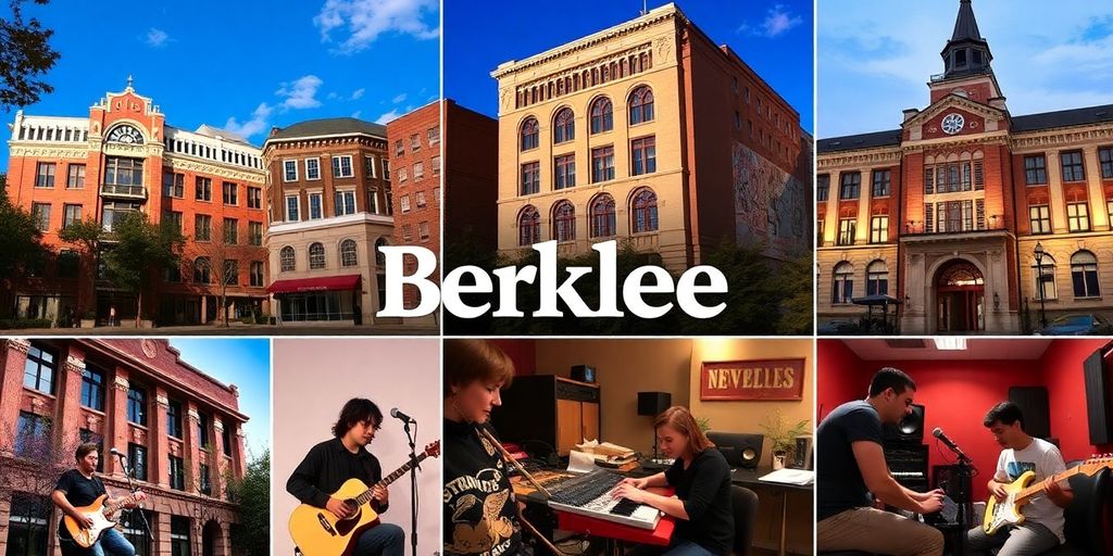 Berklee University of Music campus and students creating music.