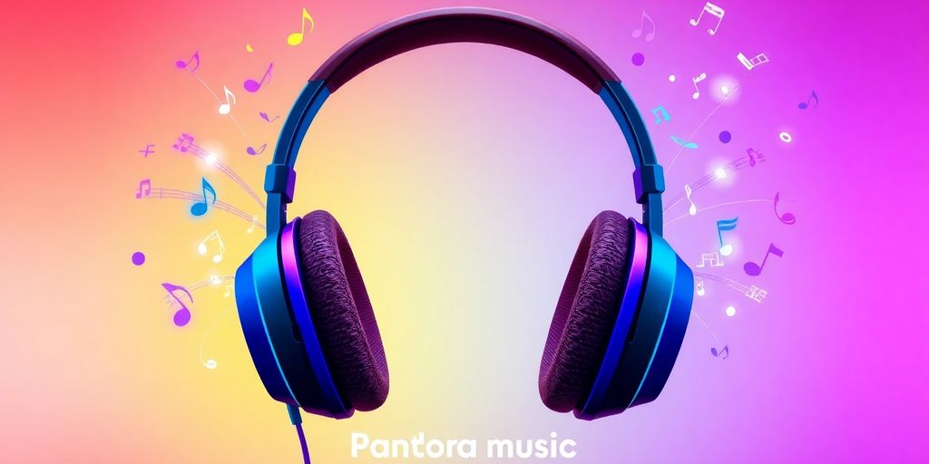Colorful headphones with musical notes and streaming waves.