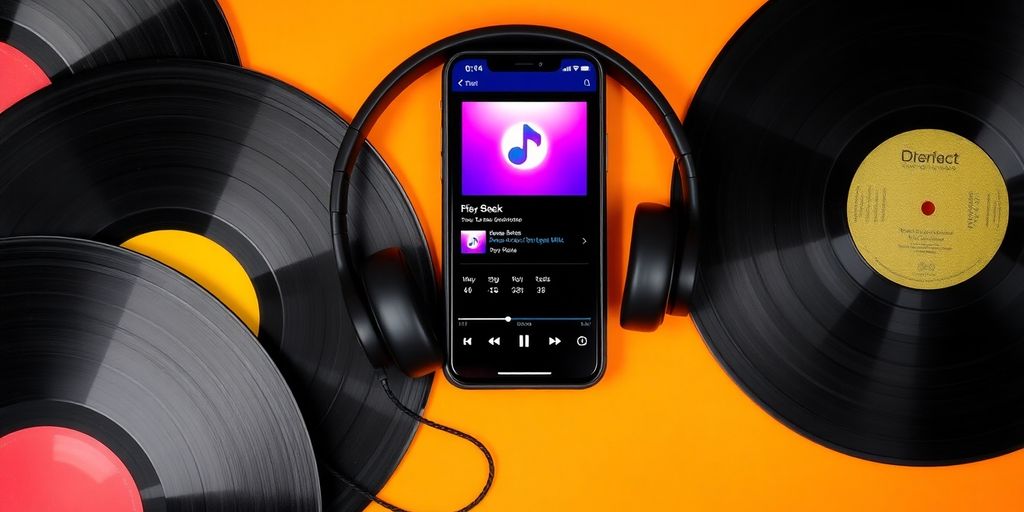Music elements collage with records and headphones.
