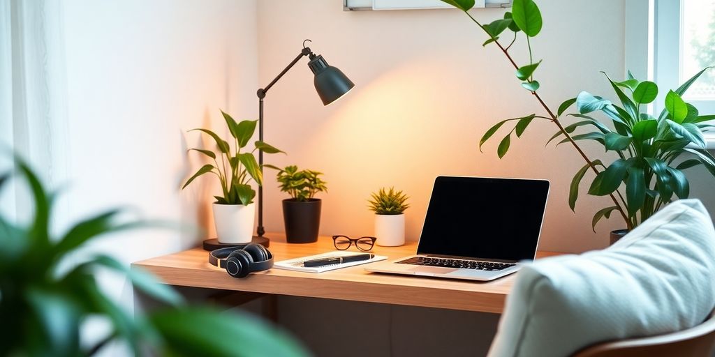 Cozy study space with laptop, headphones, and plants.