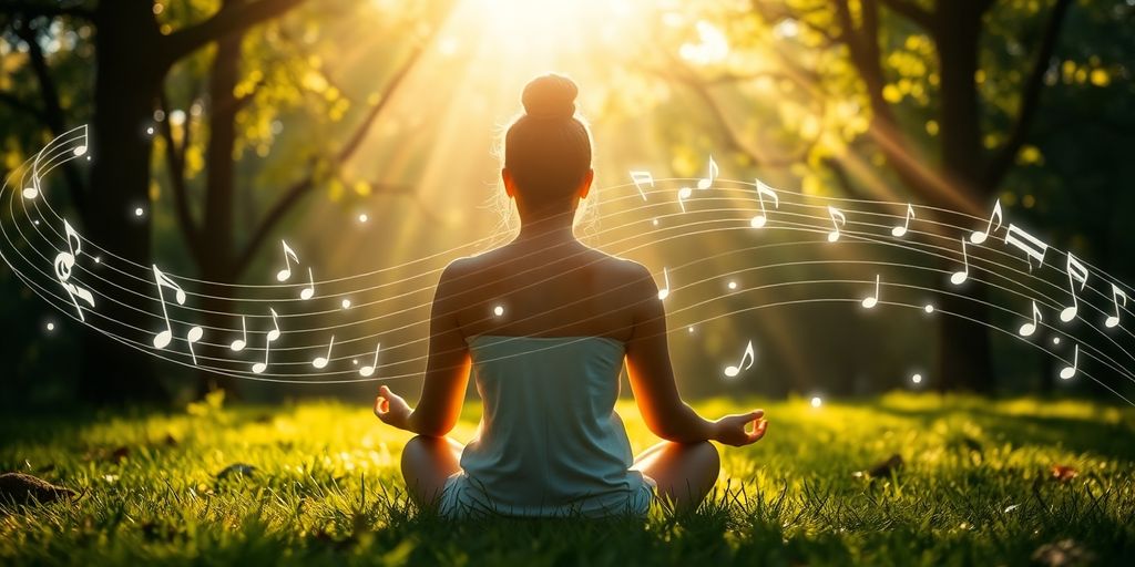 Meditation in nature with music notes flowing around.
