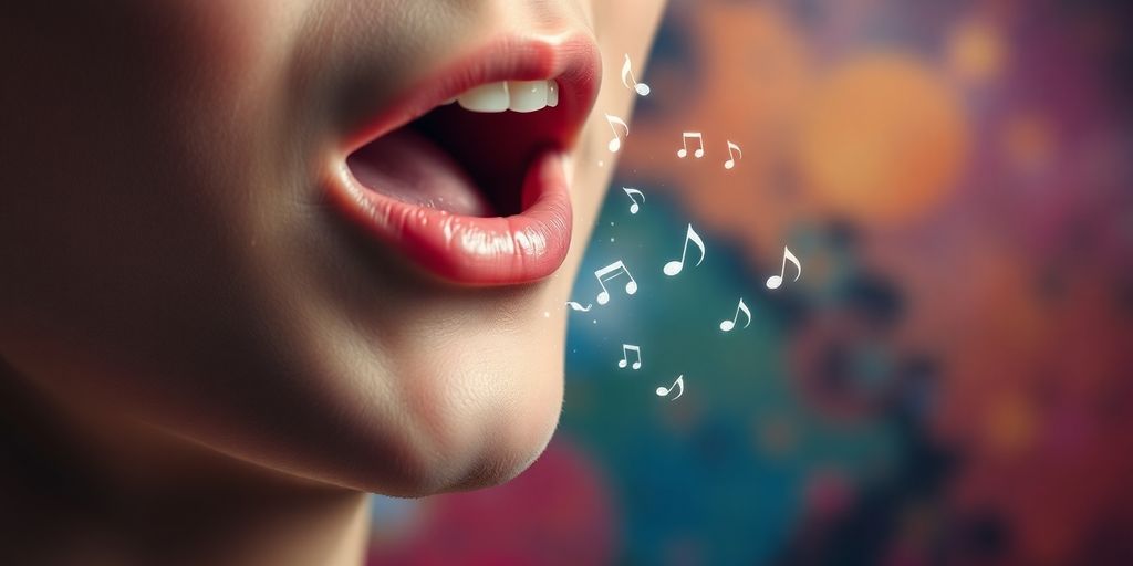 Person humming with musical notes on a colorful background.