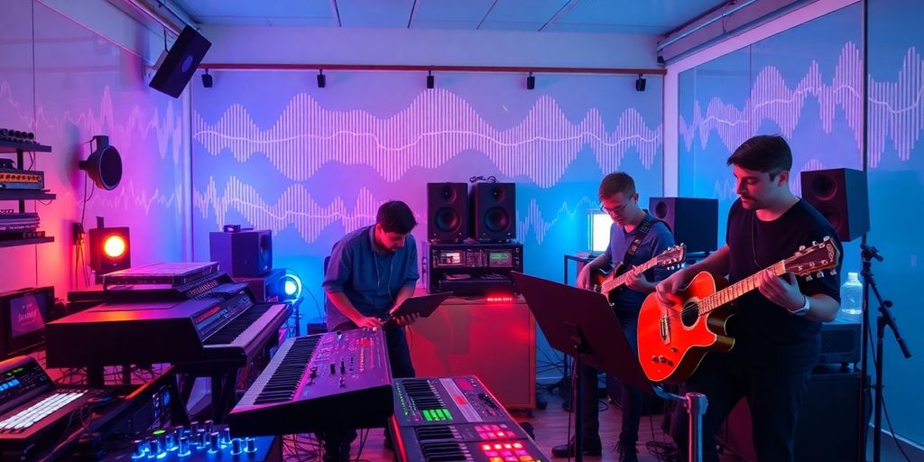 Musicians experimenting with sound in a modern lab.