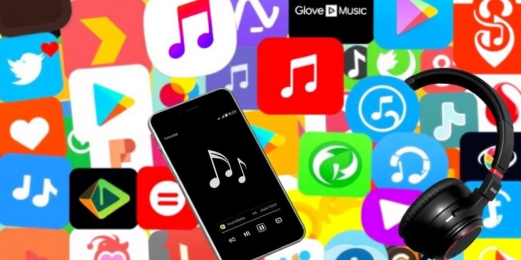 Collage of music streaming icons and headphones.