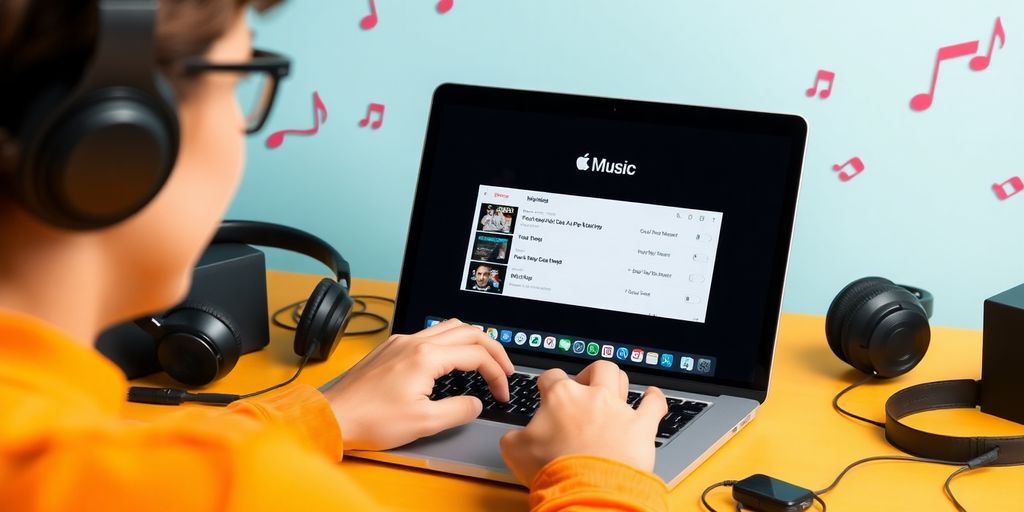 Person converting Apple Music tracks to MP3 on laptop.
