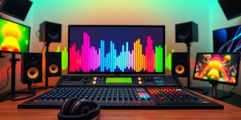 Colorful soundwaves and studio equipment for news music.
