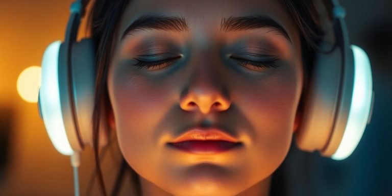 Person meditating with headphones, soft light.
