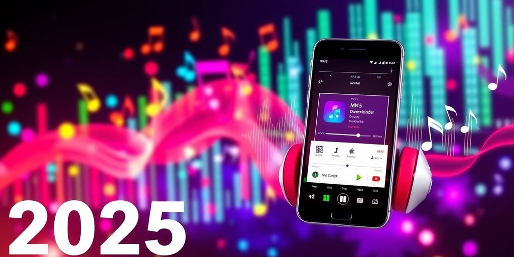 Colorful music notes and headphones on digital background.