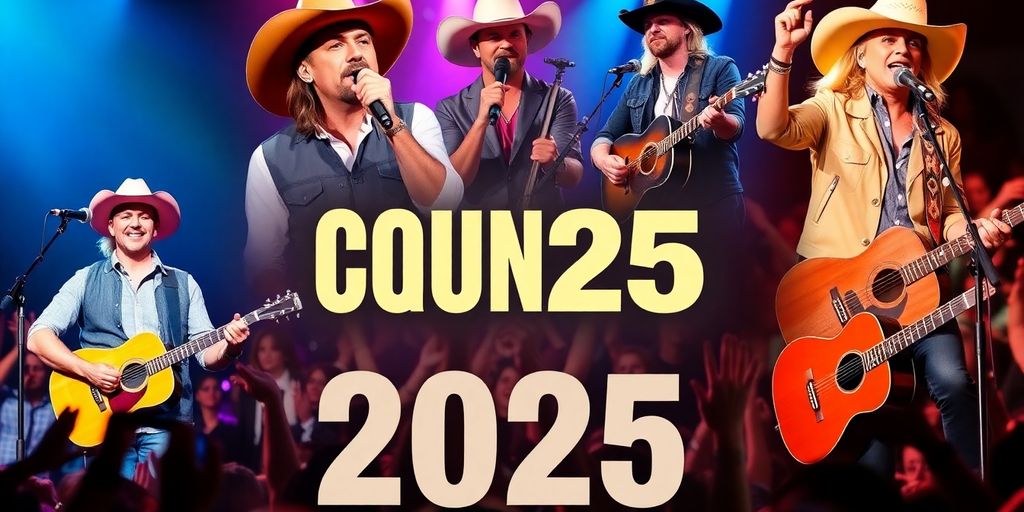 Collage of country music artists performing live on stage.