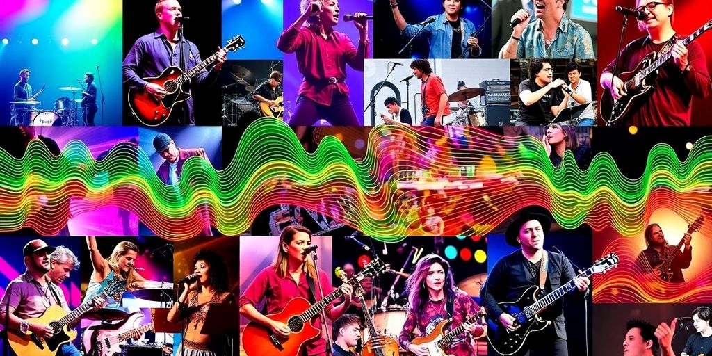 Collage of artists and instruments in vibrant colors.