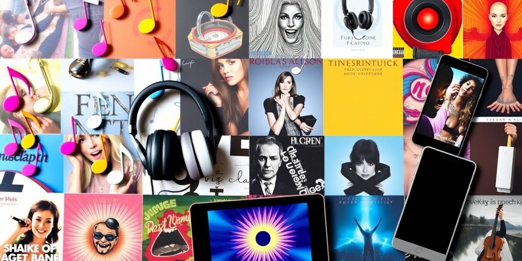 Colorful music notes and headphones in a vibrant collage.
