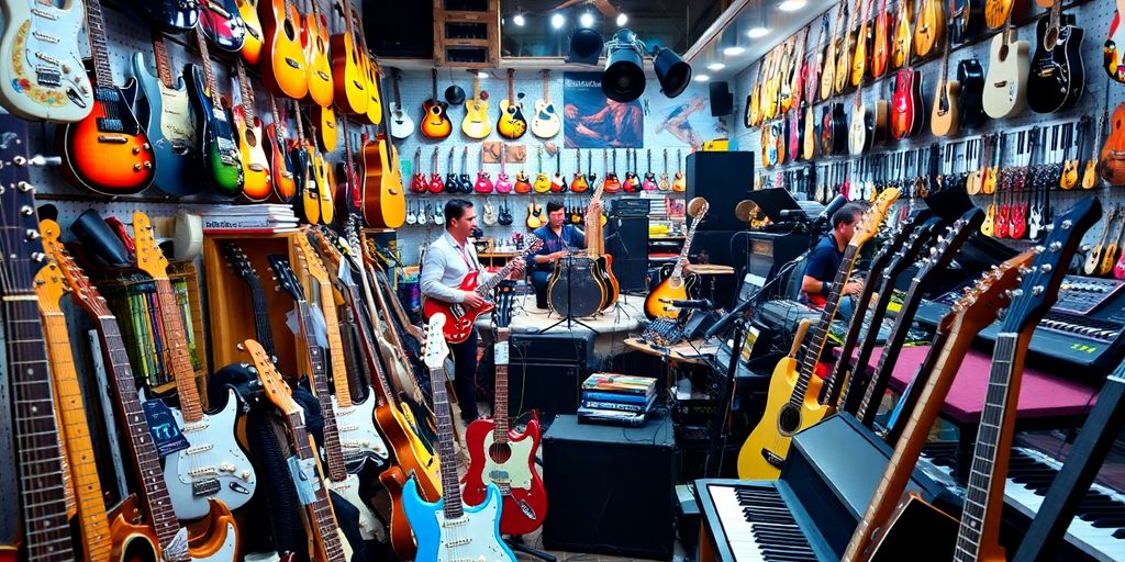 Colorful music store with instruments and live performers.