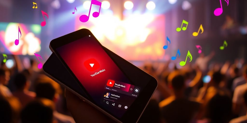 Smartphone with YouTube Music and colorful musical elements.