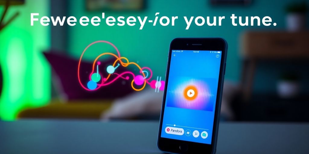 Smartphone with Pandora Music app and colorful sound waves.