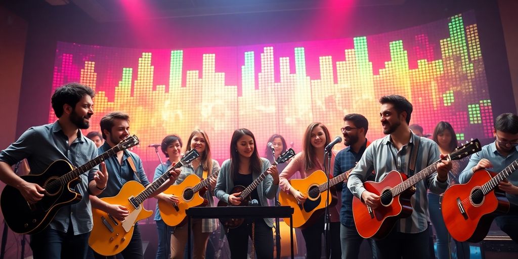 Group of musicians with instruments in a colorful setting.