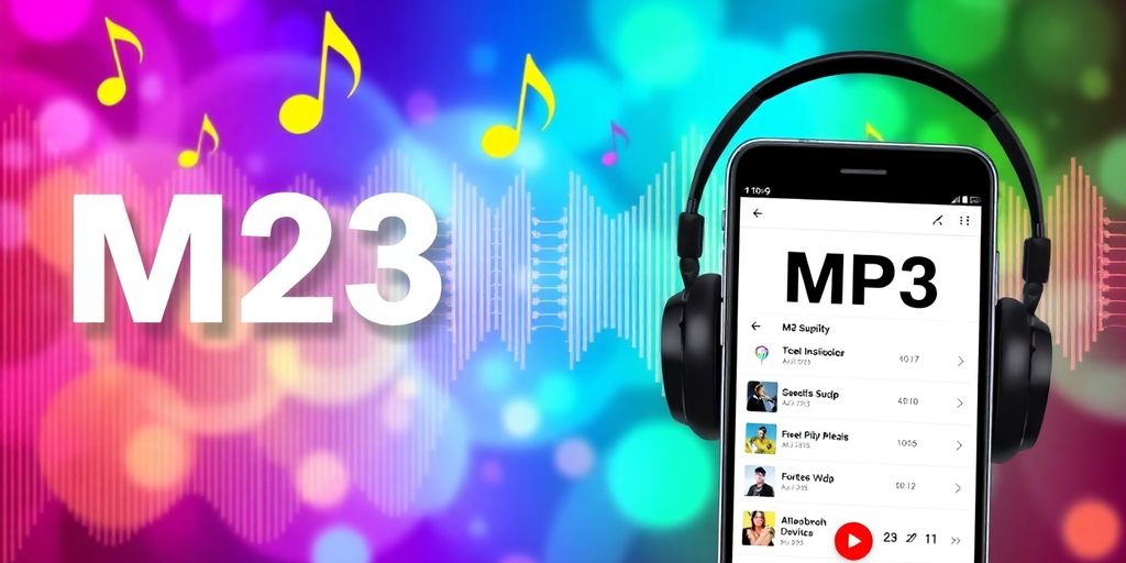 Colorful music-themed collage with headphones and smartphone.