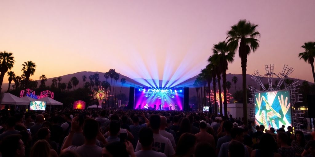 Crowd at Coachella enjoying music and art installations.