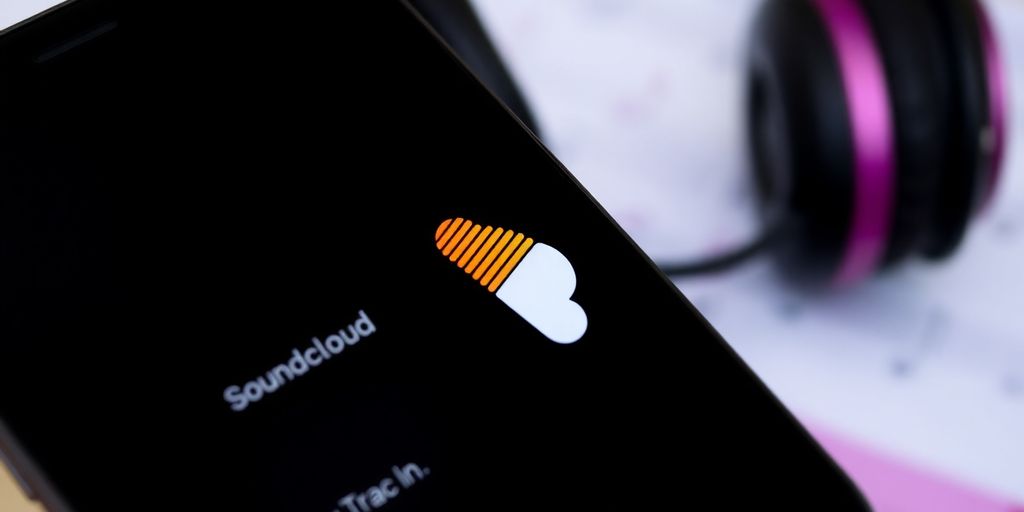 Smartphone showing SoundCloud login screen with headphones.