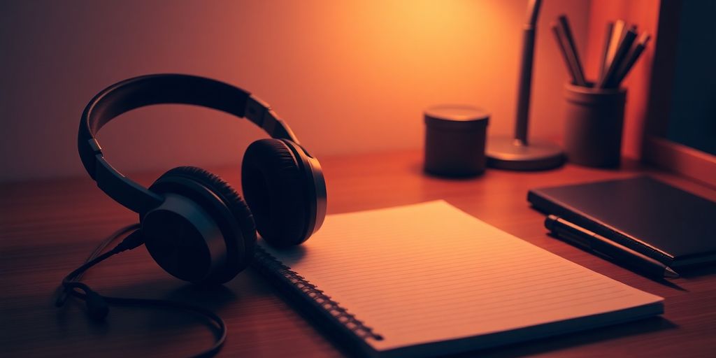 A cozy study area with headphones and notebook.
