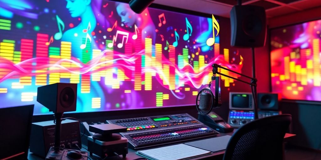 Vibrant radio studio with sound waves and musical notes.