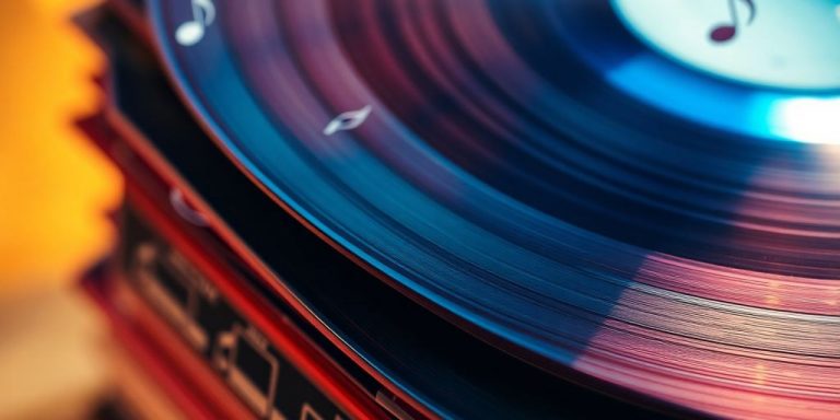 Colorful vinyl records and musical notes.